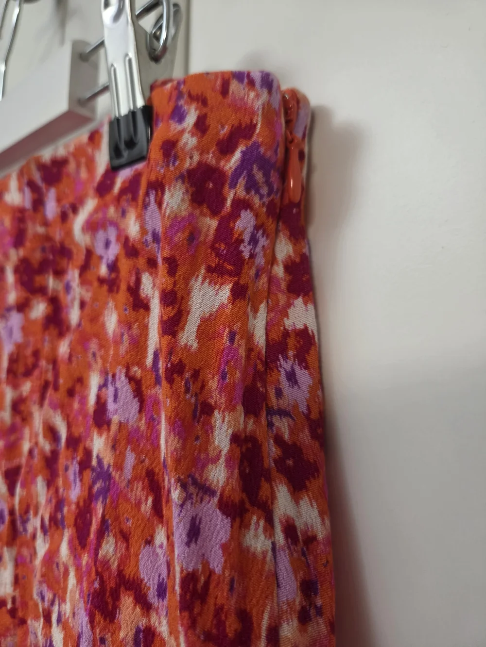 H&M Pink and Orange Floral Midi Skirt Set with Puff Sleeve Crop Top